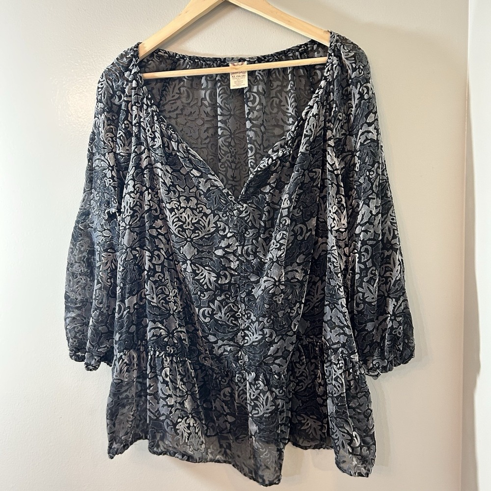 Faded Glory Blouse Women's XL Velvet Burnout Peplum Floral Gray Sheer Goth
